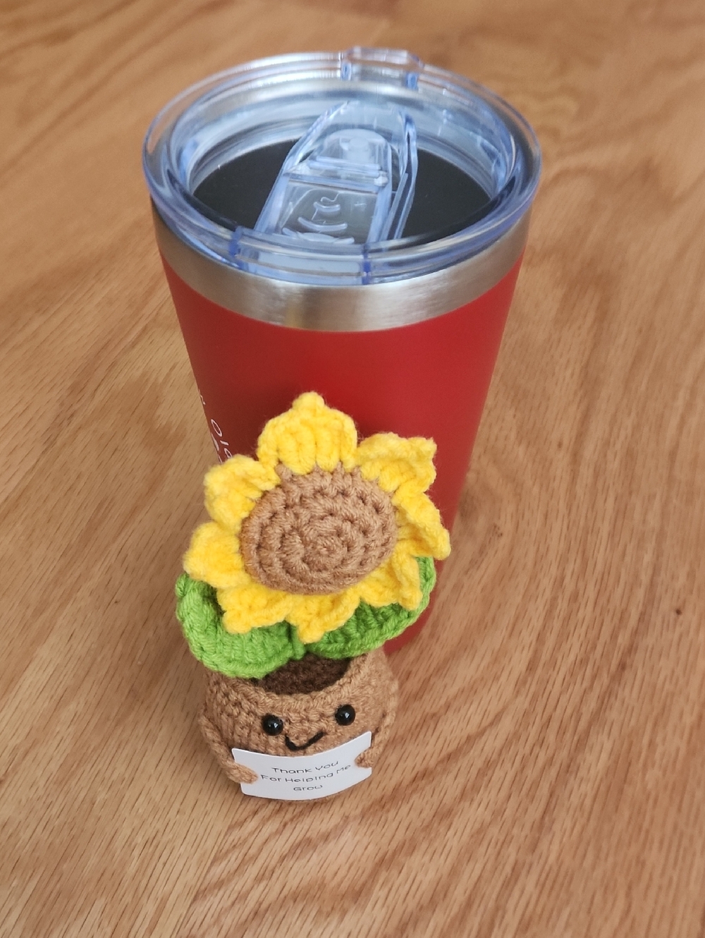 Red Stainless Steel Travel Tumbler 15 OZ Clear Lid Handmade Crochet Sunflower
